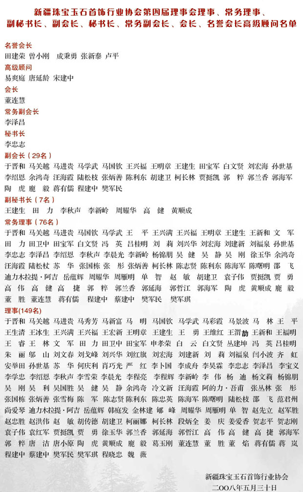 新疆珠寶玉石首飾行業協會 理事會成員