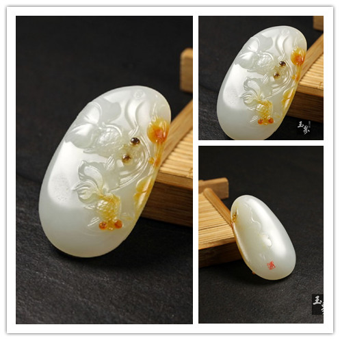 白玉子料掛件-雙魚戲荷